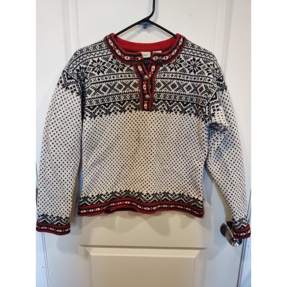 Women's Vintage L.L. Bean Fair Isle Nordic Sweater White Black Red Medium - Picture 2 of 7
